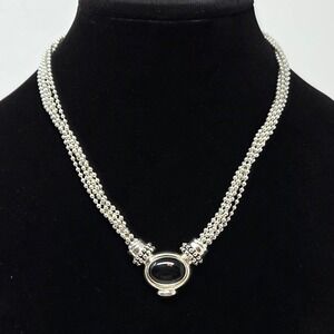 ESPO Sterling Silver 5 Strand Oval Black Onyx Amber Accent Snap Necklace 18" 46g